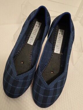 Rothy's Indigo Gingham Plaid Knit Ballet Flats Size 6, Preppy, Blue